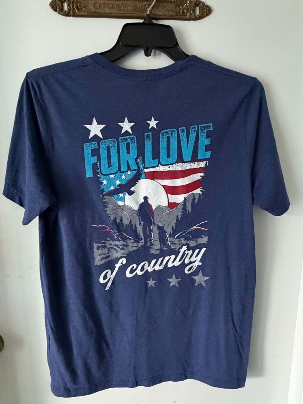 Nine Line "For the Love of Country" Eagle, Man , Dog , USA Flag  Large Blue